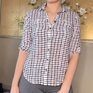 Loft Plaid Black White Button Down Blouse Small Petite
